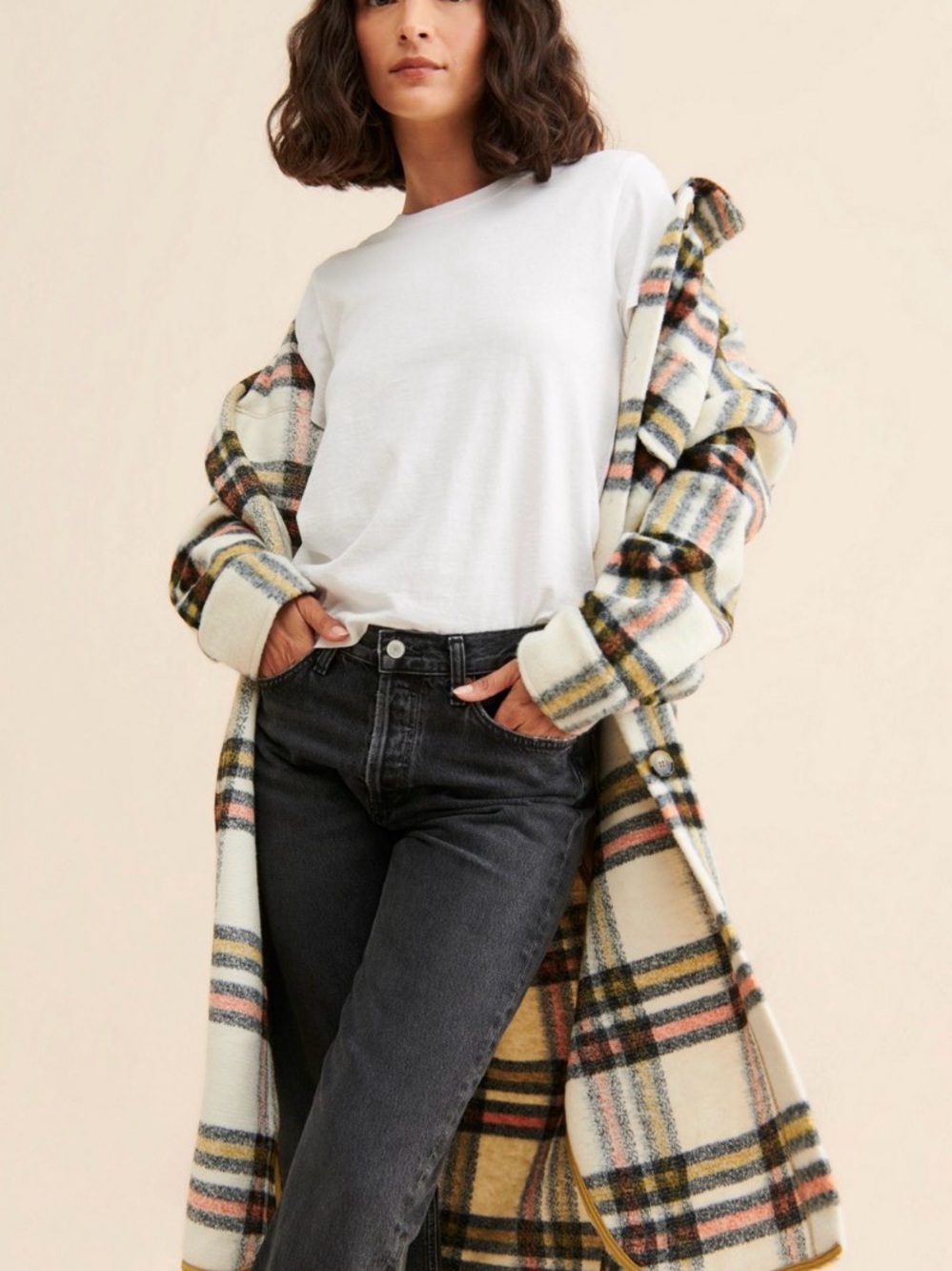 Plaid Long Wool-Blend Coatigan in Cream, Black & Mustard